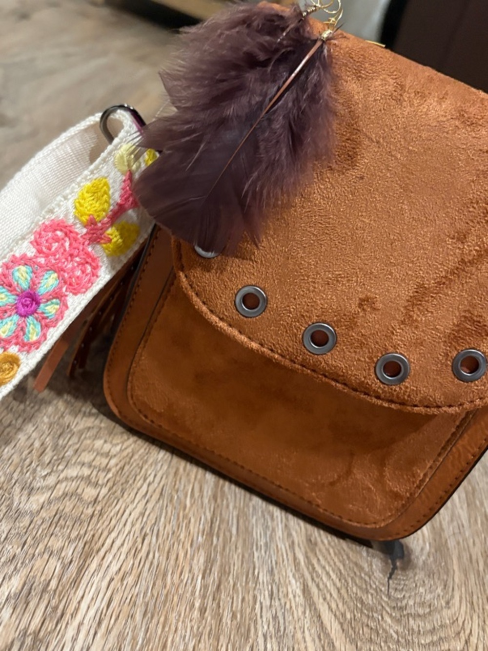 Suede Crossbody Bag with Embroidered Strap - Brown with brown feather earrings